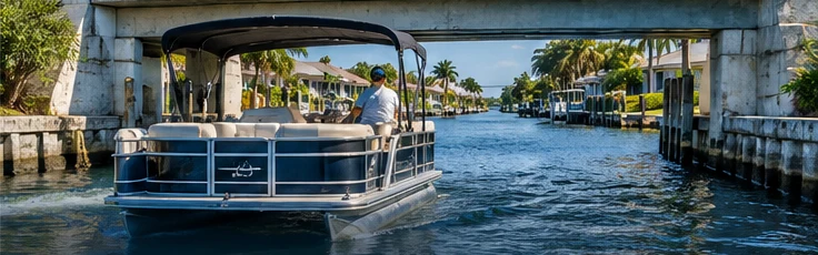 Recreational boat approaching a Cape Coral residential canal bridge