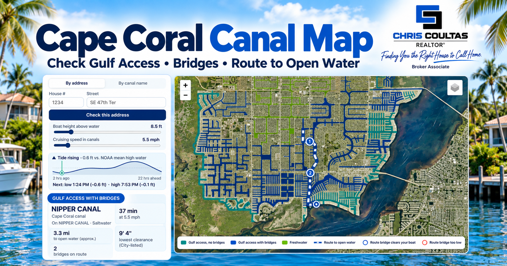 BigCHomes Cape Coral Water Map showing Gulf-access canals, freshwater canals, bridge considerations and a route to open water