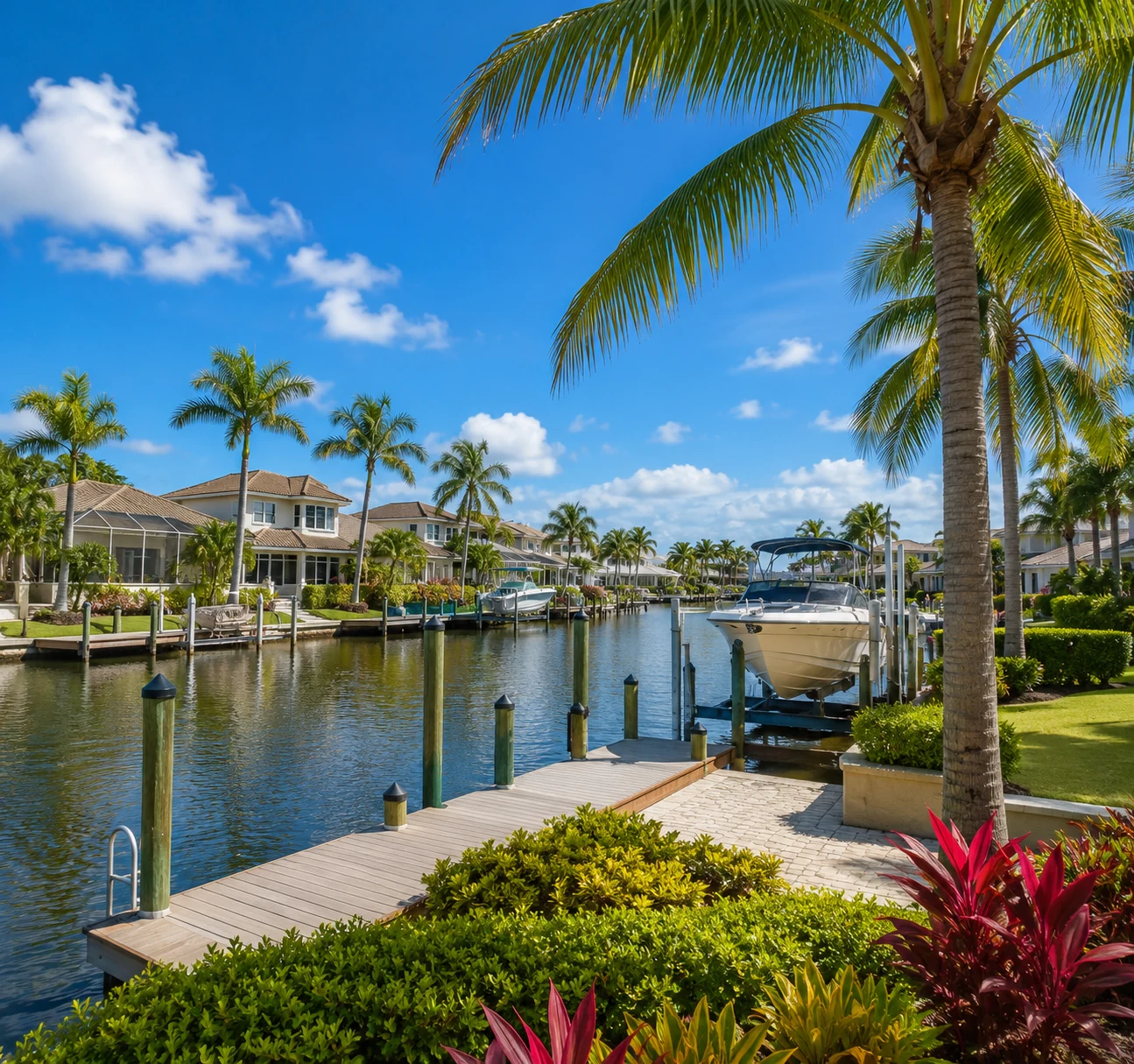 Waterfront canal home showing a seawall, dock and boat lift setup