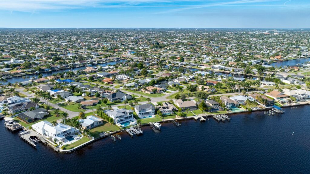 Aerial view of Cape Coral waterfront homes and canals